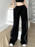 Women Streetwear Black Sweatpants High Quality Striped Patchwork Cargo Pants Retro Harajuku Korean Oversize Bf Trousers-Outfit