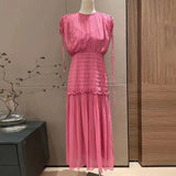 TWOTWINSTYLE Ruched Tank Dress For Women Round Neck Sleeveless High Waist Solid Minimalist Midi Dresses Female Summer