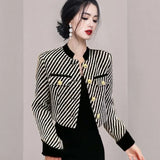 Autumn Winter Fashion Black Striped Tweed Jacket Coat Vintage Temperament Women Metal Buttons Long Sleeve Short Outwear