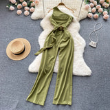 Fashion Sashes Irregular Women Jumpsuits Summer 2022 Solid Temperament Slim Ladies Diagonal Neck Wide Leg