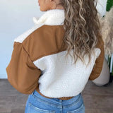 Casual Brown Fleece Patch Long Sleeve Zipper Cropped
