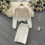 Winter Women Warm Sweater Suits Short Knit Top+High Waist Slim Skirt Sweet Streetwear Knitted Two Pieces