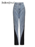 Patchwork Denim Colorblock Pencil Pants For Women High Waist Loose Chic Trousers Female Clothing 2021 Style