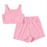 Solid Sportswear 2 Two Piece Sets Women 2021 Crop Top And Drawstring Shorts Matching Suits Summer Athleisure Outfits