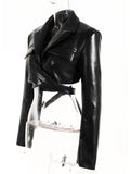 Fashion Women's Jackets Lapel Collar Slim Cross Lace Up Waist Long Sleeve PU Leather Short Coat Autumn 2023 New