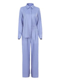 Blue Elegant 2 Piece Women Pantsuit Office Satin Outfits Button Shirts And Wide Legs Long Pants Oversize Suit
