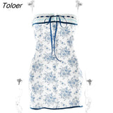 Floral Printed Vacation Women Dress Off-shoulder Blue Metal Button Spring Skinny Elegant Outside Female Mini