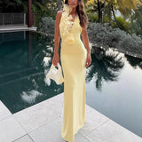 Women's Dress V-Neck Hanging Neck Solid Color Dress Three-Dimensional Lace Decoration Women