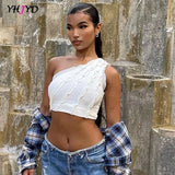 One Shoulder Crop Top Patchwork Women Tanks Bodycon Sexy Streetwear Party Club 2021 Summer Clothes
