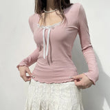 Sweet Girl Lace Bow Stitched Pink Long-Sleeved T-Shirt 2023 New Slim U-Collar Blouse-Outfit