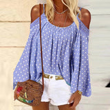 O-neck Bohemian Blouse Holiday Flare Sleeve Women Off Shoulder Blusas Summer Lace Stitching Fashion Spaghetti Strap
