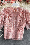 Mujer De Moda 2023 Vintage Puff Sleeve Blouses Hollow Out Crochet Floral Crop Tops Korean Summer Elegant Lace