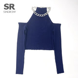 2021 Autumn knitted Sweater Women Long Sleeves Basic Knit Tops Off the Shoulder Sexy Pullovers Chain Diamond