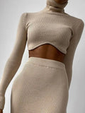 2022 Elegant Sexy Women Knitted Suit Turtleneck Sweater Top And High Waist Long Skirt Party Tracksuit Autumn