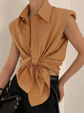 Slim Shirt For Women Lapel Sleeveless Solid Minimalist Button Through Blouse Female Korean Fashion Clothing