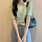 Color Polo Collar Short-Sleeved Knitwear Summer 2025 New Fashion Temperament Loose Chic Lattice Blouse Female