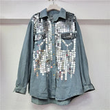 Women's Denim Shirt Loose Patchwork Full Sequins Single Breasted Blue Long Sleeve Blouse 2024 Summer New Fashion 29L6408-Outfit