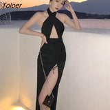Fashion Summer Long Split Party Club Dress Ladies OL Sexy Halter Sleeveless Vacation Clothes Skinny Bodycon Robe Beach