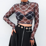 Tee Shirt Femme Sexy Long Sleeve Crop Top Chain Print T Shirt Women Streetwear Vintage Fishnet top T-shirt 2022