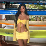 Y2k Sexy Two Piece Short Sets Womens Outifits Yellow Off Shoulder Long Sleeve Crop Top and Skirts Sets