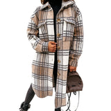 Checked Jackets Coats Women Fashion Casual Oversized Turn Down Collar Long Outwear Thick Warm Woolen Blends
