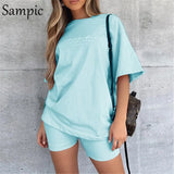 Summer Fashion O Neck Black Women Sets Loose Short Sleeve Shirt Tops And Bodycon Shorts Bottom Suit Two Piece Set