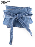 Women Denim Belt Wide Mid Waist Bicyclic Patchwork Lace Up Solid Color Slim Bow Removable Waistband 2024 Summer New Fashion-Outfit