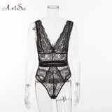Vintage Deep V Neck Lace Mesh Bodysuits Women 2019 New Lace Patchwork Bodysuits Sleeveles Bralette Jumpsuit