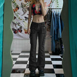 y2k Pockets Flare Jeans Aesthetic Low Waisted Cargo Pants Strecthy Retro Basic Harajuku Trousers Women Korean