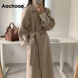 Women Elegant Long Wool Coat With Belt Solid Color Long Sleeve Chic Outerwear Ladies Drop Shoulder Overcoat