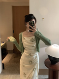 Knitted Cardigan Print Spaghetti Strap Backless Split Sleeveless Elegant Bodycon Dress Suit Two Piece Sets Womens