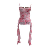 Real Shooting Atmosphere Feels A Mesh Yarn-Print Sling Vest Irregular Ribbon Splicing Lace Sleeveless Top