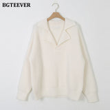 Elegant Turn-Down Collar Loose Women Sweaters Full Sleeve Solid Female Knitted Pullovers 2021 Autumn Winter
