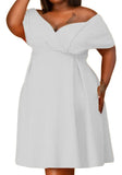 Sweet Off-the-shoulder Short Sleeves Solid Belted Midi A-line Plus Size Party