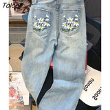 Light Blue Floral Printed Hit Color Jeans Women Summer Fashion New Retro High Waist Straight Pants Female Slim Jeans