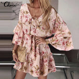 Bohemian Women Floral Printed Dress 2022 Celmia Summer Lace Up V Neck Beach Party Mini Vestidos Elegant Flared Sleeve