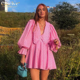 Sexy Deep V-Neck Print Women'S Dress Fashion Doll Collar Lantern Sleeve Mini Dresses Elegant Pink Pleated Female