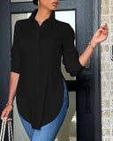 Casual Shirt Women Turn Down Collar Print Long Sleeve Shirts Loose Casual Split Blouse Button Tops Office Ladies-Outfit
