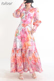 Printing Casual Long Dresses For Women V Neck Lantern Sleeve High Waist Patchwork Edible Tree Fungus Maxi Dress