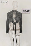 Fashion Women's Jackets Lapel Collar Slim Cross Lace Up Waist Long Sleeve PU Leather Short Coat Autumn 2023 New
