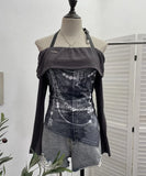 Vintage Print Shoulder Irregular Long-Sleeved T-Shirt Hanging Neck Slim Thin Short Bottom Top