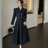 Temperament For Women Black Long Sleeve Short Blazers + High Waist Long Pleated Skirt 2 Piece Sets Female Elegant