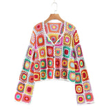 Crochet Jacket Sweater Colorful Handmade Floral Knitted Hollow Out Women Jackets Outwear Hippie Ladies Female