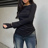 And Casual Pure Black Long-Sleeved T-Shirt 2024 Spring And Summer New Basic Tie Rope Slimming And Skinny Simple Blouse-Outfit