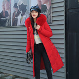 Winter New Fashion Large Size Cotton Clothes Female Long Korean Version Of The Waist Over The Knee And Thick Big Wool Collar Cotton-Padded Jacket Coat-Outfit
