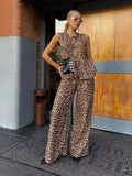 Print Pant 2-piece Sets Elegant Woman Sleeveless Lace Up Vest Wide Leg Trousers Suits Ladies Office Highstreet Outfits-Outfit