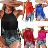 Women's Hot-Selling Solid Color Sleeveless Neck Top Ladies' Fashionable Tassel Beach Swimsuit-Outfit