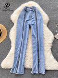 Women Zipper Design Jeans Summer Pockets Loose Wide Leg Pants Fashion Autumn Straight Blue Denim Long
