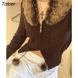 Vintage Harajuku Faux Fur Collar Sweaters Women Autumn Winter Zip Up Brown Sweater Cardigans Slim Streetwear Coats
