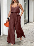 Celmia Elastic Waist Spaghetti Straps Overalls Women Fashion Wide Leg Pants 2022 Summer Long Rompers with Belt Casual